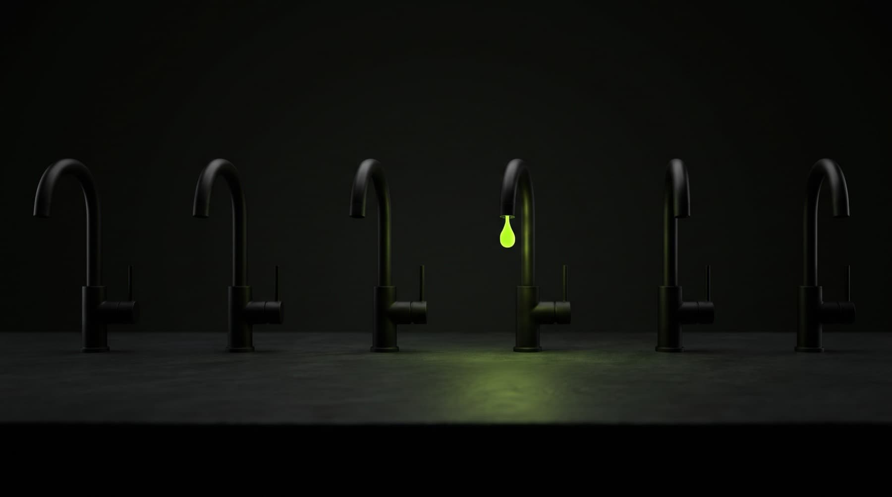 A row of dark taps, with a single lime drop leaking from one of them